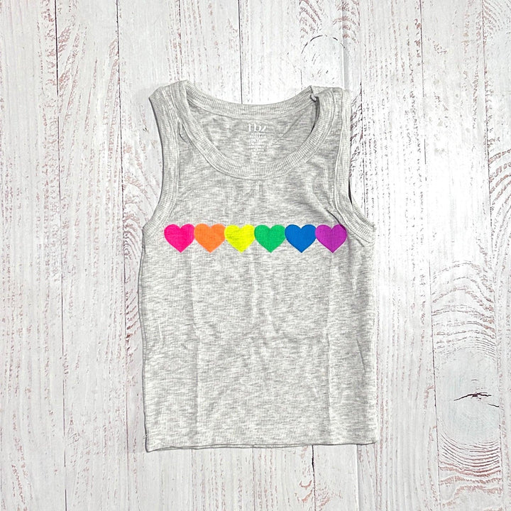sleeveless grey tank with multi colored neon hearts across the chest. 
