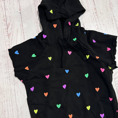 black hooded short sleeve french terry fabric top. all over neon hearts