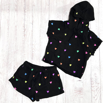 Tween Bottoms | Black Shorts with Drawstring - Neon Hearts | Flowers By Zoe