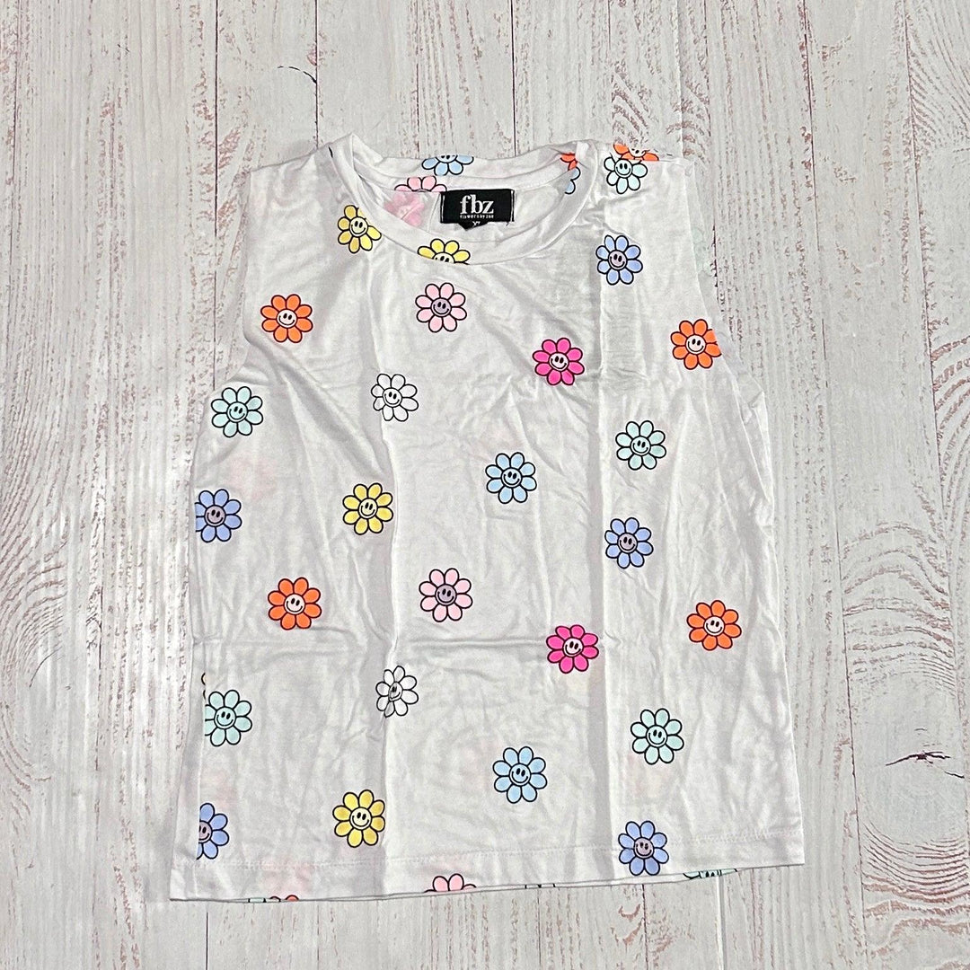 white sleeveless tank with multi colored daisies with smiley faces in the center