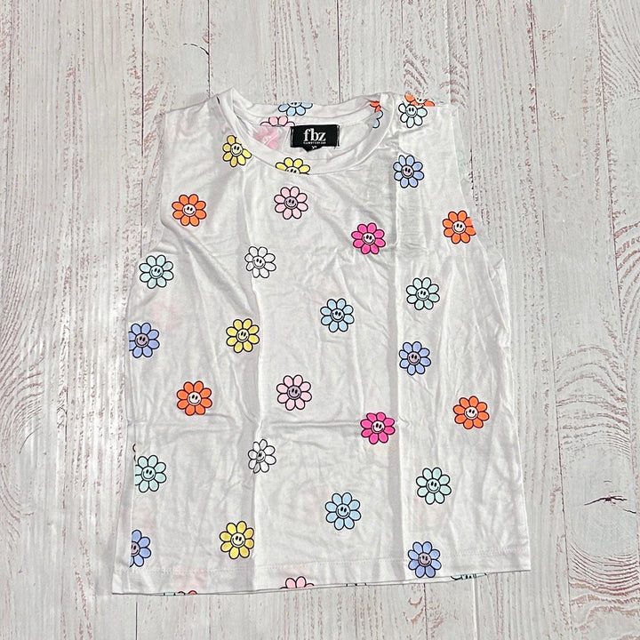 white sleeveless tank with multi colored daisies with smiley faces in the center
