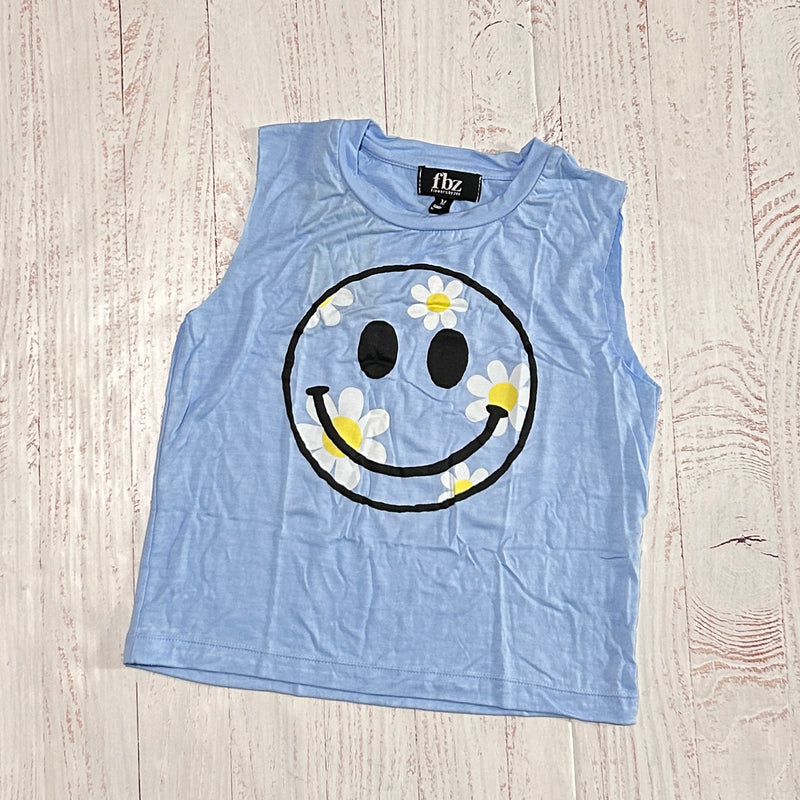 blue sleeveless tank with smiley face and daisies on the center of the smiley face. 