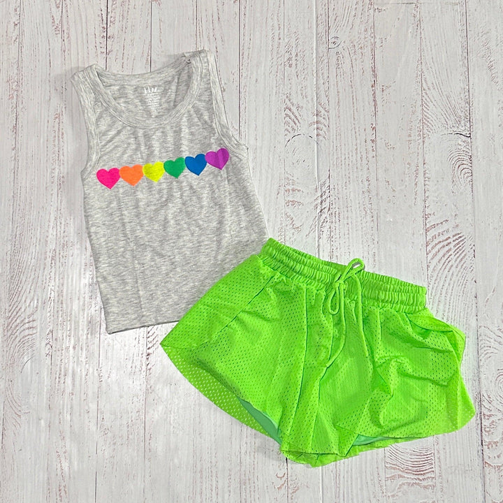 green mesh shorts with a greay tank with hearts across. the tank will match back to the shorts as an outfit option