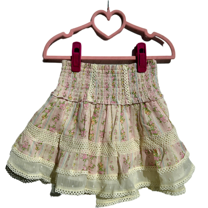 shabby floral stripe skirt with beige lace trim along the bottom and throughout the skirt. the skirt is mostly pink with floral stripes going down the center. 