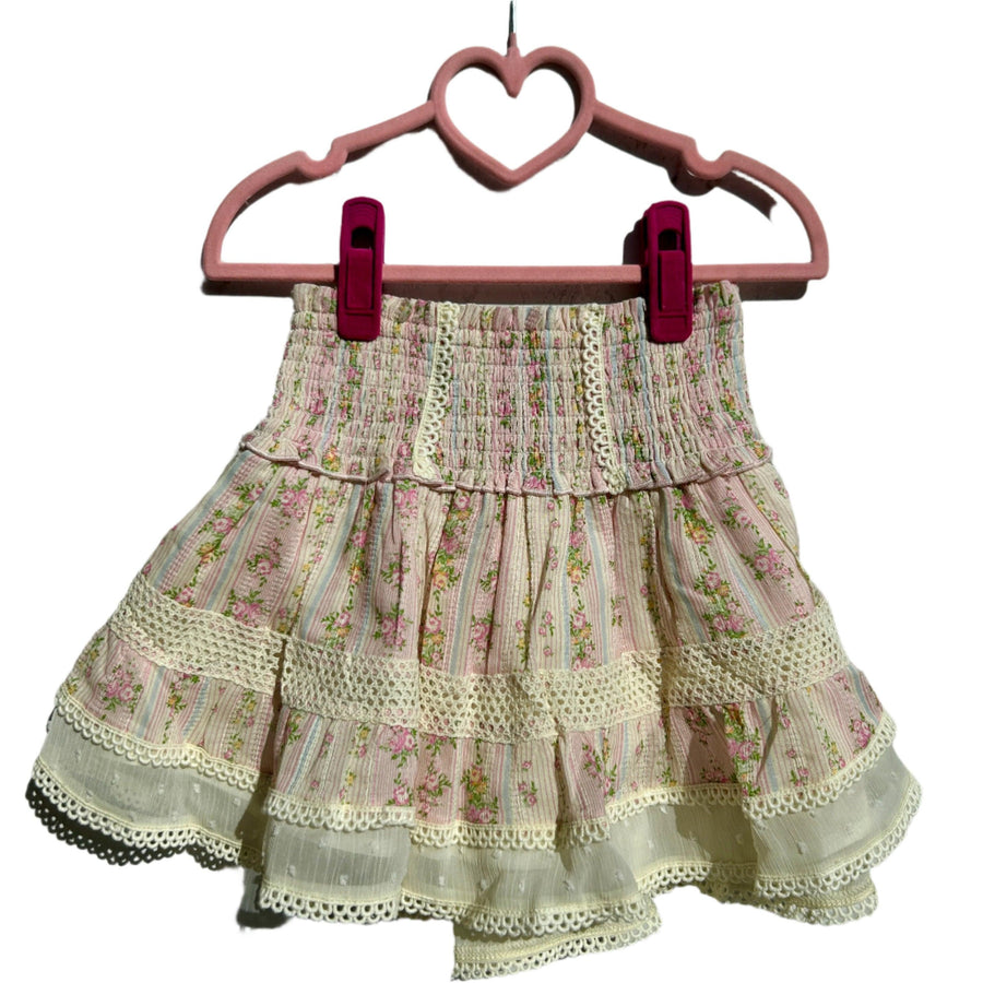 shabby floral stripe skirt with beige lace trim along the bottom and throughout the skirt. the skirt is mostly pink with floral stripes going down the center. 