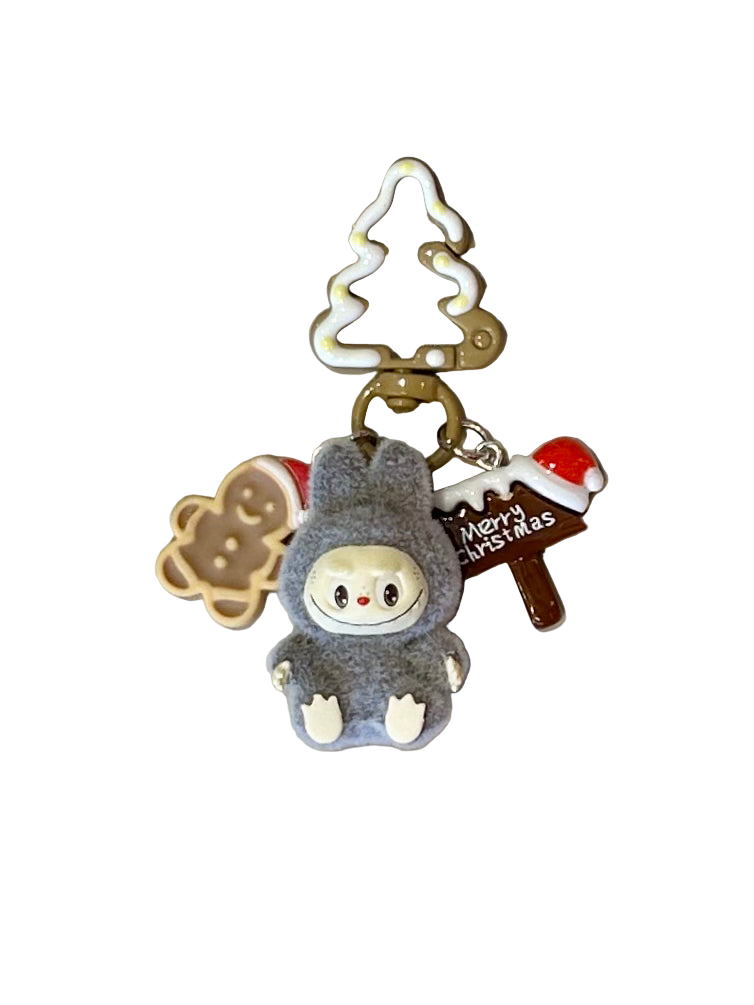 Key Chain | Flocked Mini Labubu Inspired Holiday Keychain- Gray | Sparkling Extras