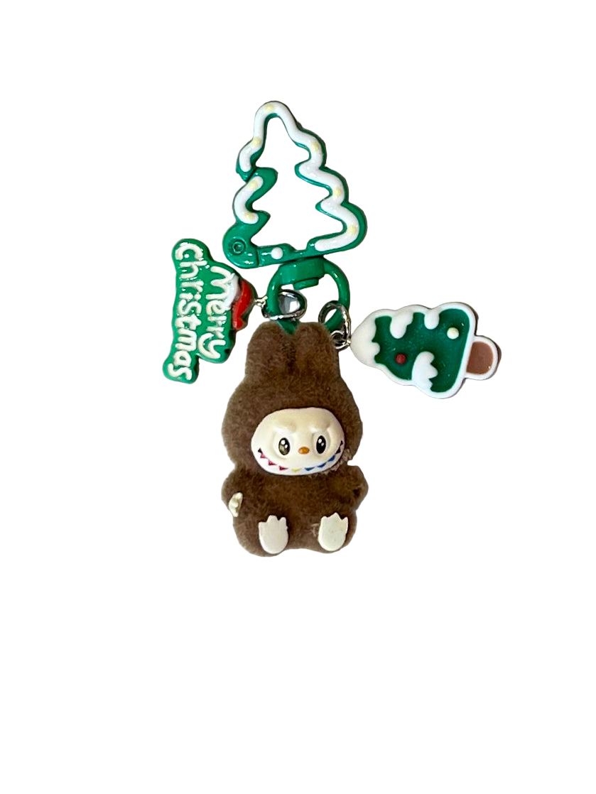 Key Chain | Flocked Mini Labubu Inspired Holiday Keychain- Brown | Sparkling Extras
