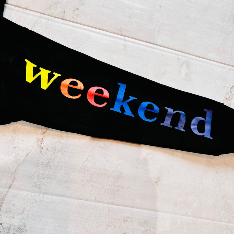 Picture shows a close up of the graphic word WEEKEND