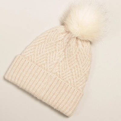 Hat | Beige Chevron Knit Cuff Beanie w Faux Fur Pom | Fashion City