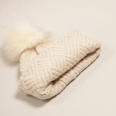 Hat | Beige Chevron Knit Cuff Beanie w Faux Fur Pom | Fashion City