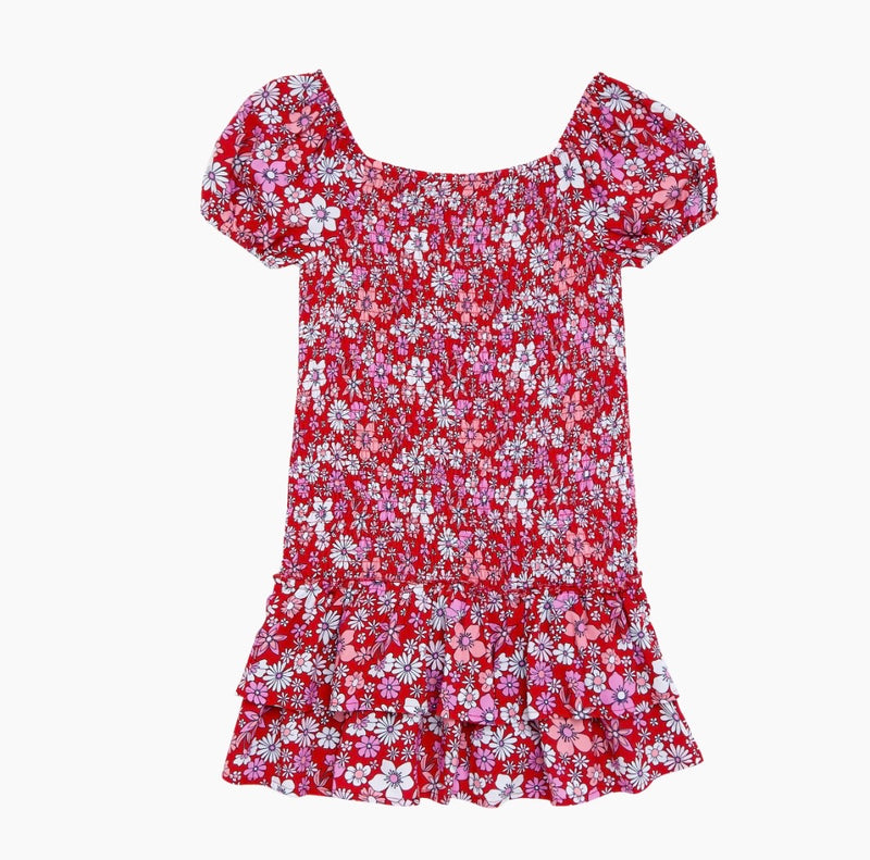 Tween Dresses | Girls Red Combo Floral Print Smocked Dress | Design History