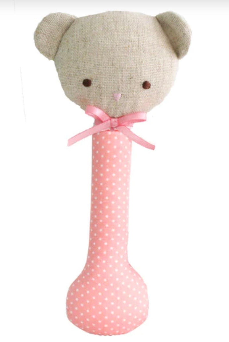Baby Rattle | Baby Bear Stick Rattle Pink with White Spot | Alimrose