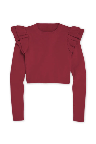 Isla Long Sleeve Crew Neck Top in Deep Red with Ruffle Detailing on Shoulders from Katie J NYC.