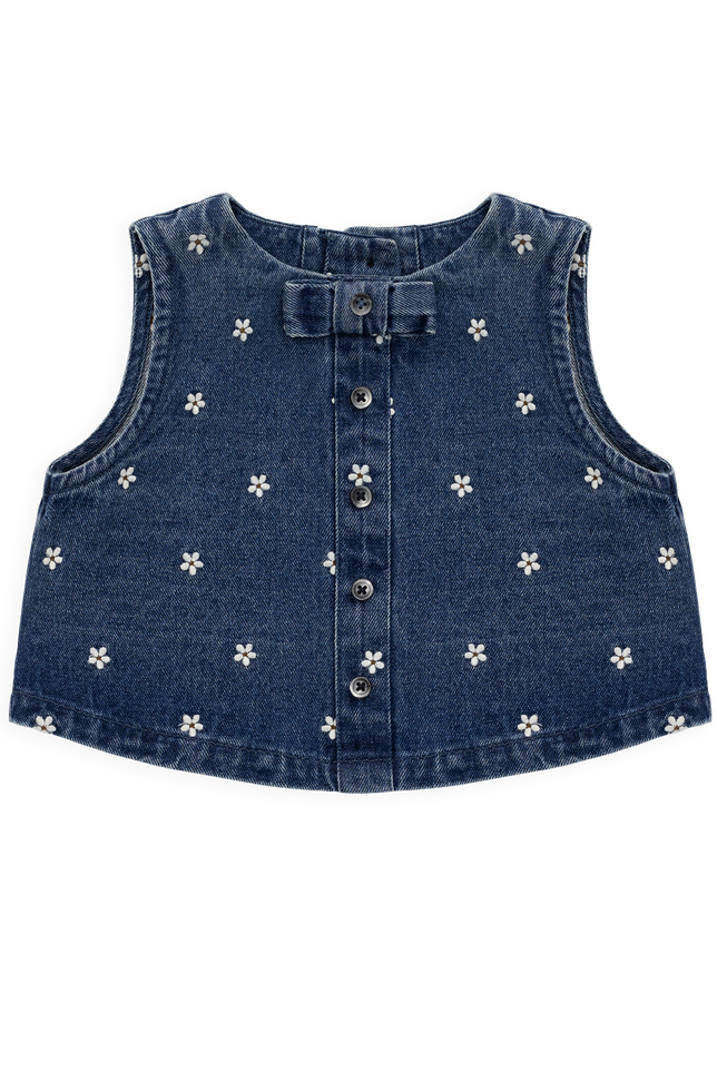 Denim shirt with floral patterns on a white background