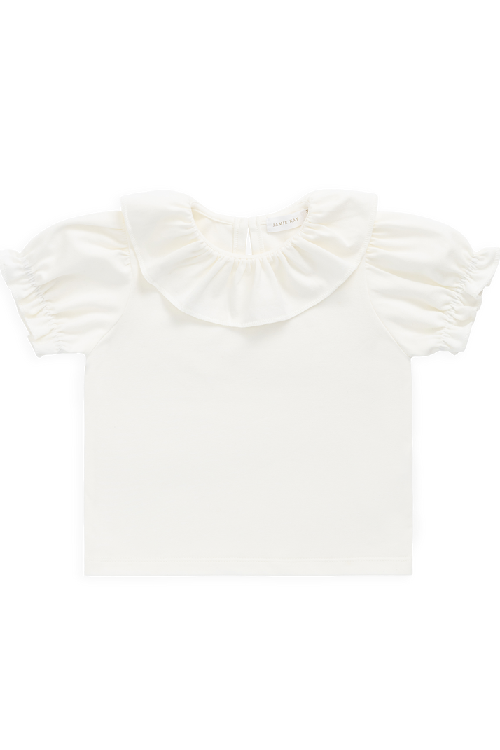White cotton top with ruffled sleeves on a white background