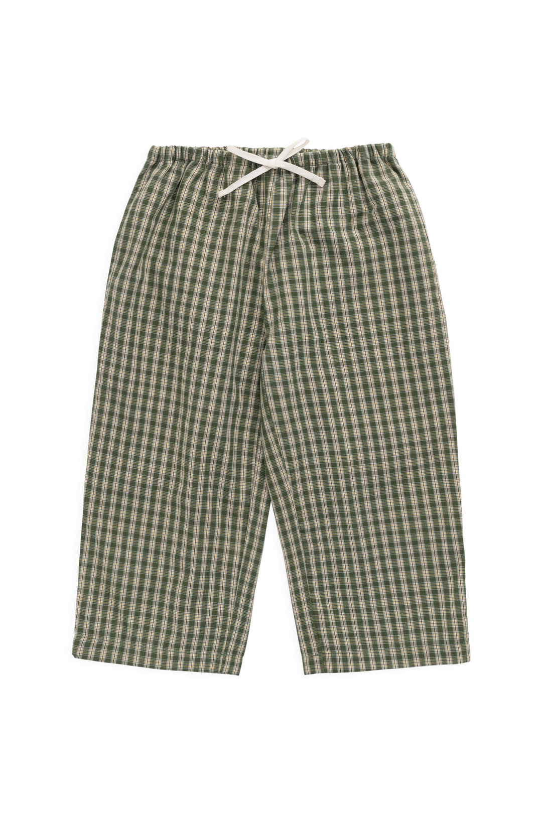 Green checkered pants with a white drawstring on a white background