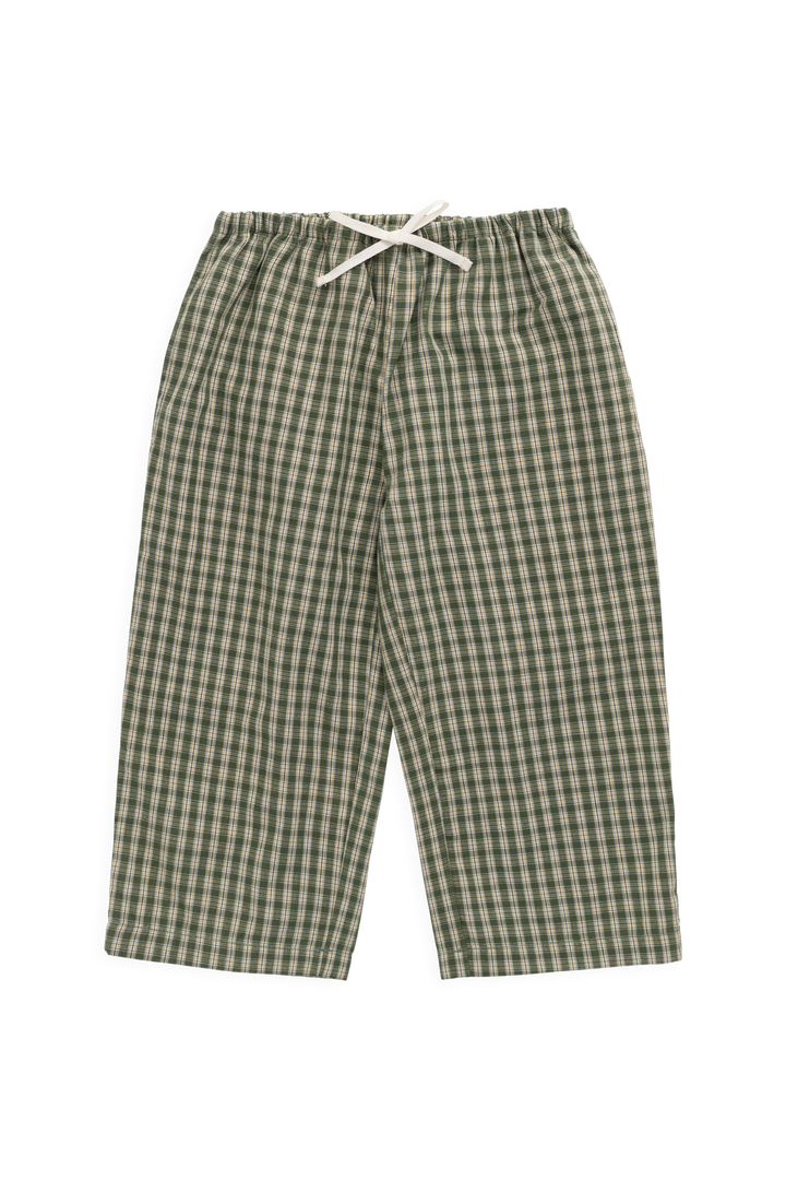 Green checkered pants with a white drawstring on a white background