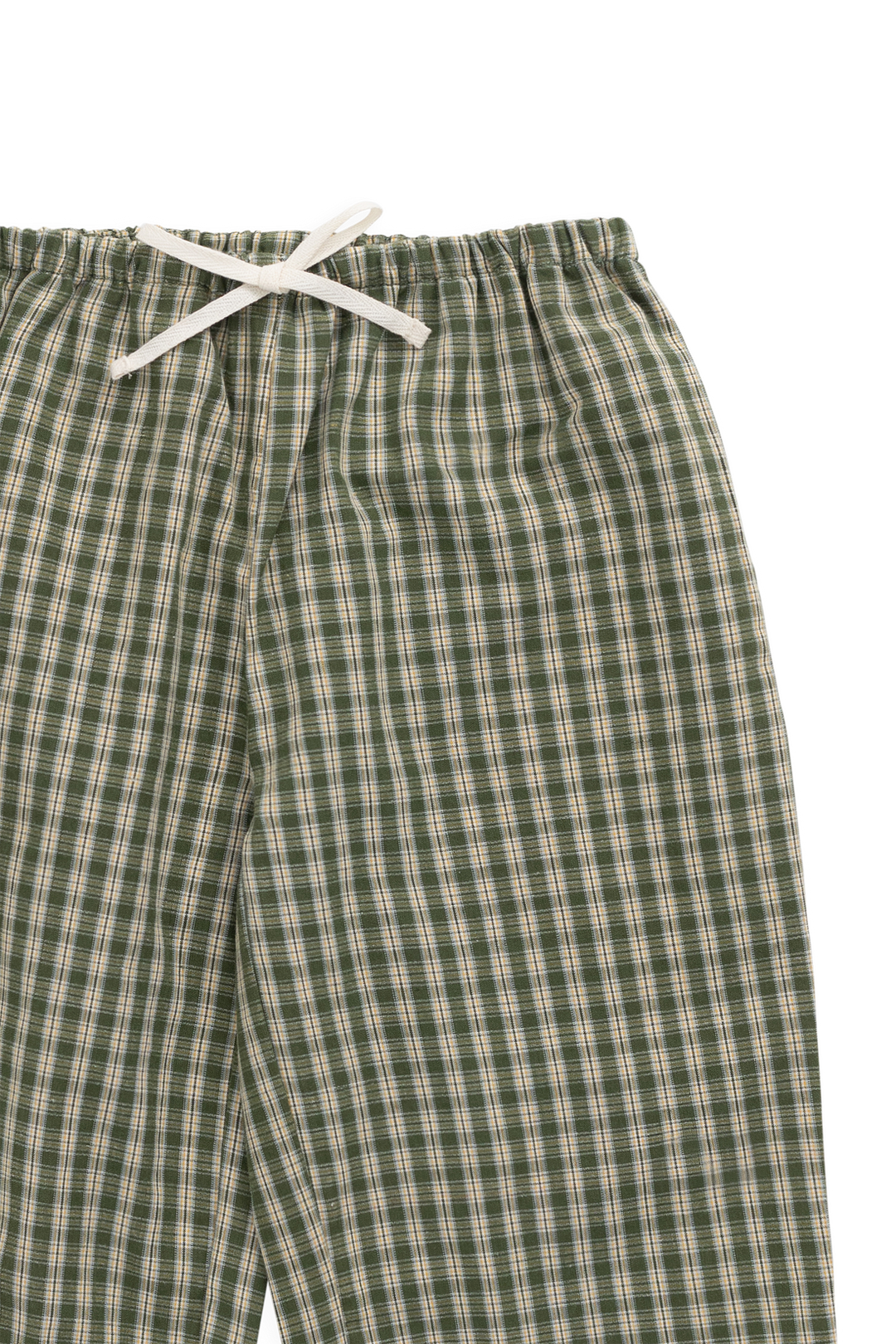 Green and beige checkered pants with a white drawstring on a white background