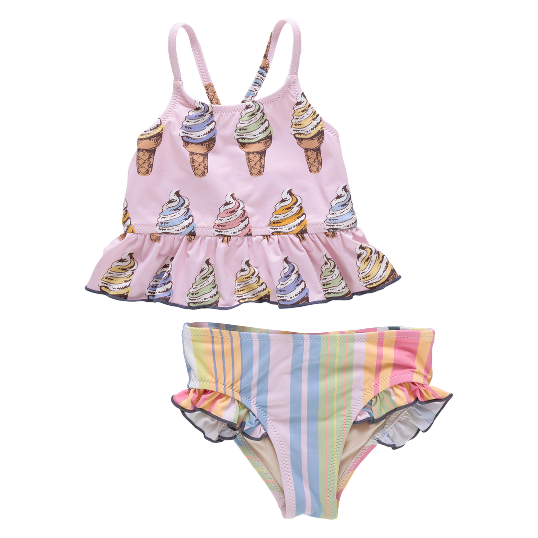 Children's two-piece swimsuit with ice cream cone pattern on top and striped bottom on a white background