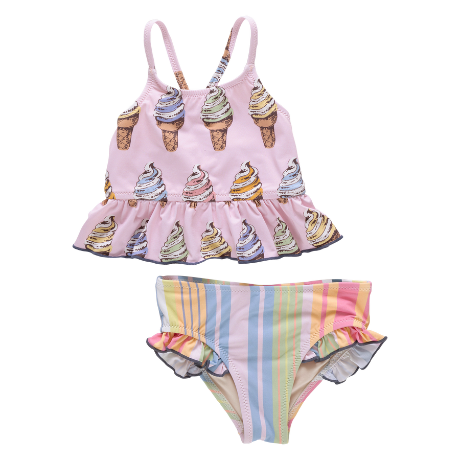 Children's two-piece swimsuit with ice cream cone pattern on top and striped bottom on a white background