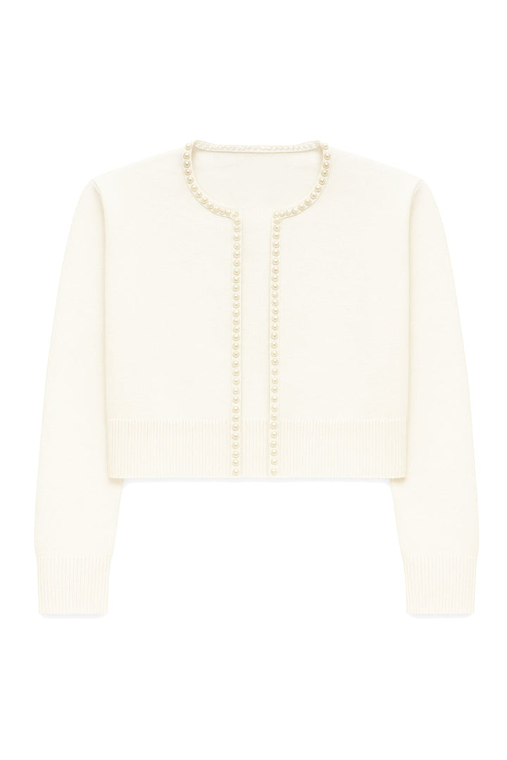 Cream-colored cardigan with pearl embellishments on a white background