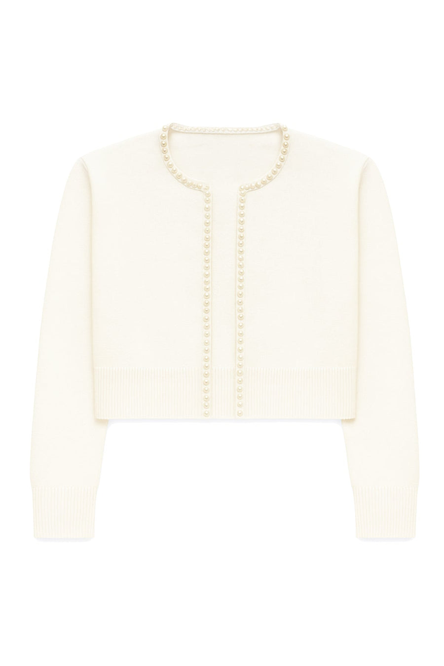 Cream-colored cardigan with pearl embellishments on a white background