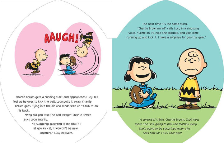 A children's book or comic-style printed page with two illustrated circular panels showing cartoon characters and text. The left panel has a pink oval background with the word 'HAUGH!' at the top and a small cartoon scene near the center.