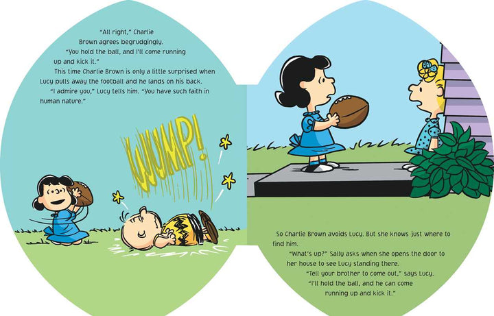 Comic strip page from 'Peanuts' featuring Charlie Brown, Lucy, and Linus with football-themed elements.