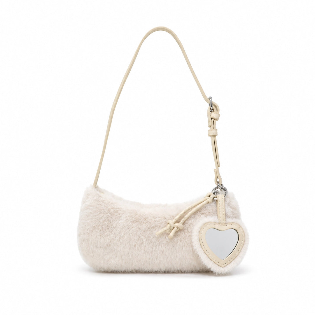 Handbag | Kids Fuzzy Shoulder Bag with Heart Mirror Charm- Beige | Tiny Treats and Zome Gems