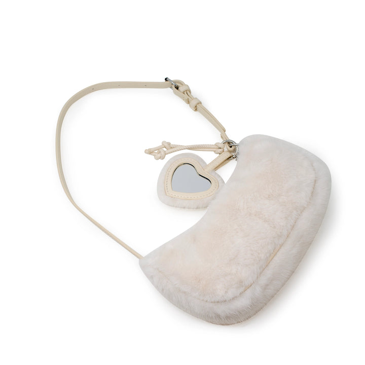 Handbag | Kids Fuzzy Shoulder Bag with Heart Mirror Charm- Beige | Tiny Treats and Zome Gems