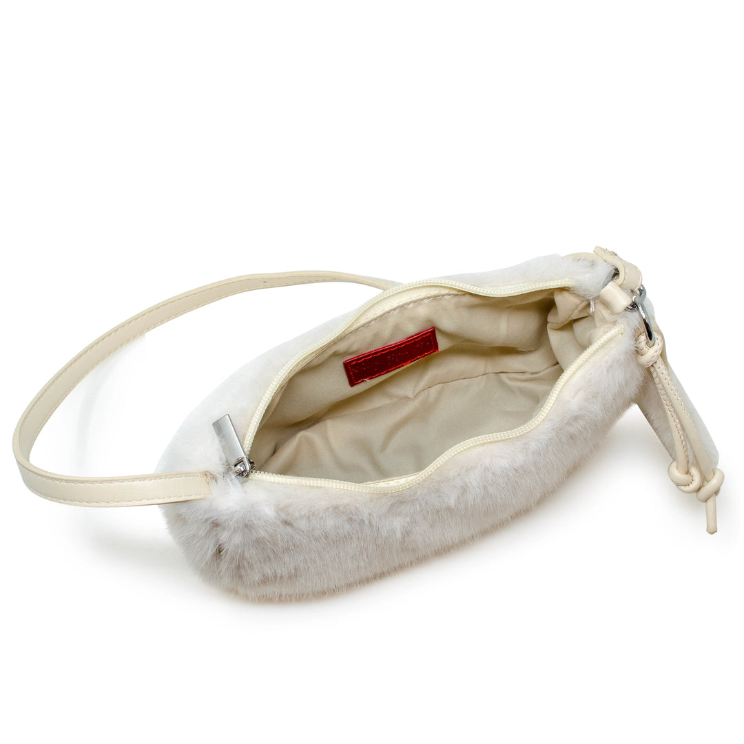 Handbag | Kids Fuzzy Shoulder Bag with Heart Mirror Charm- Beige | Tiny Treats and Zome Gems