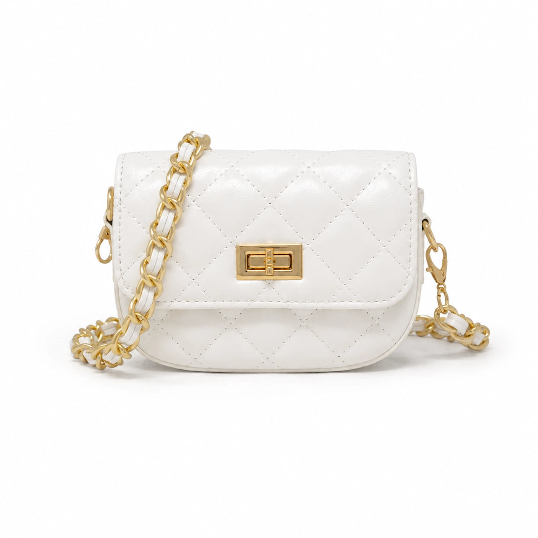 quilted white handbag with gold chain