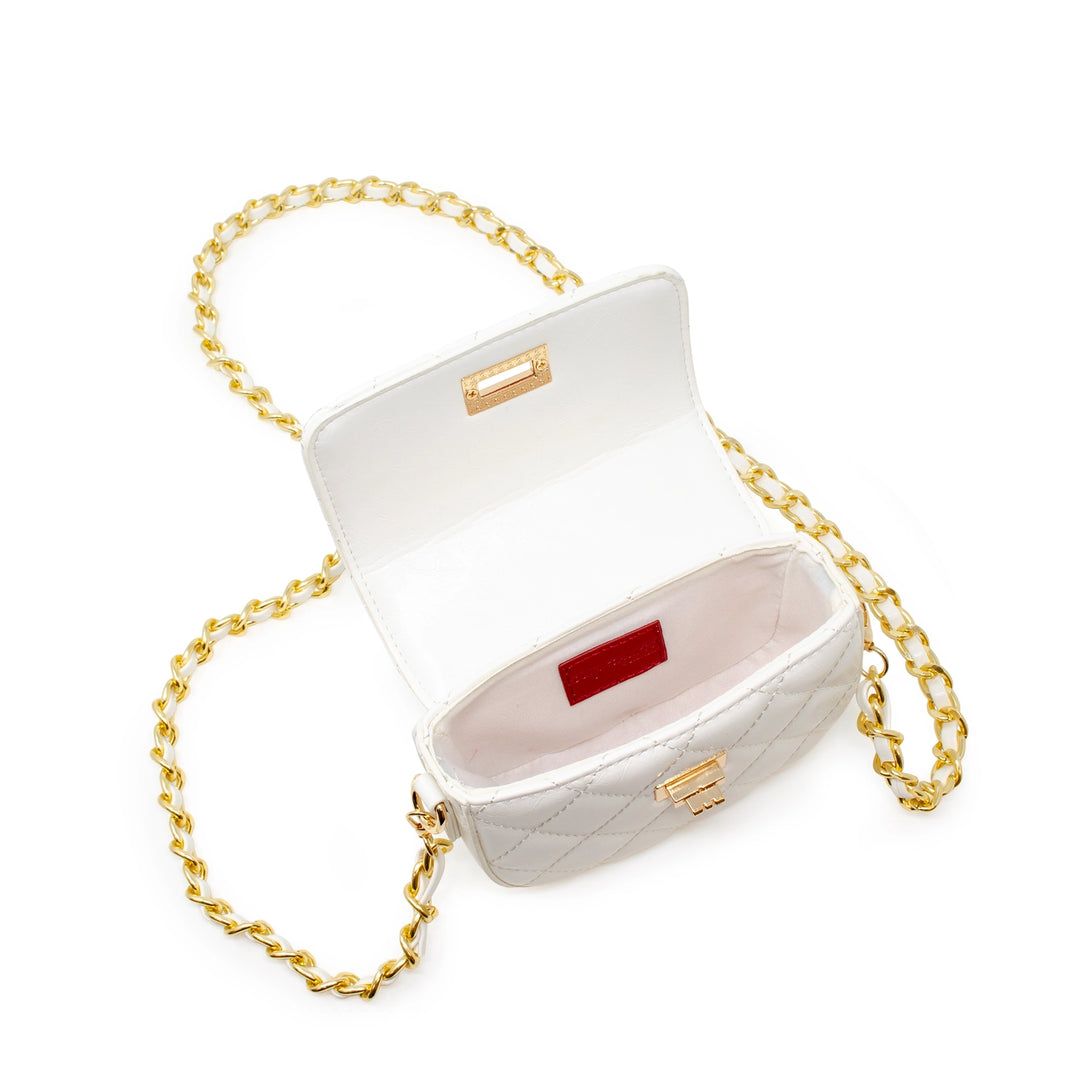 white quilted handbag with open top and gold chain. 