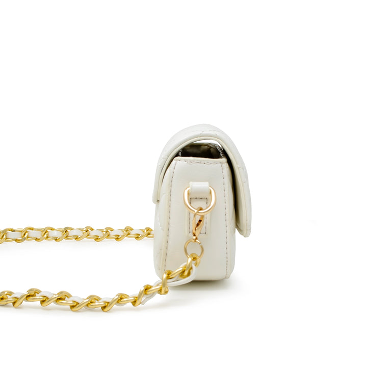 side view of white handbag with gold chain