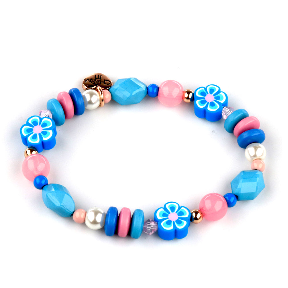 Colorful beaded bracelet with flower-shaped beads on a white background