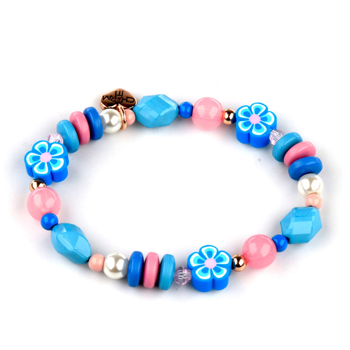 Colorful beaded bracelet with flower-shaped beads on a white background