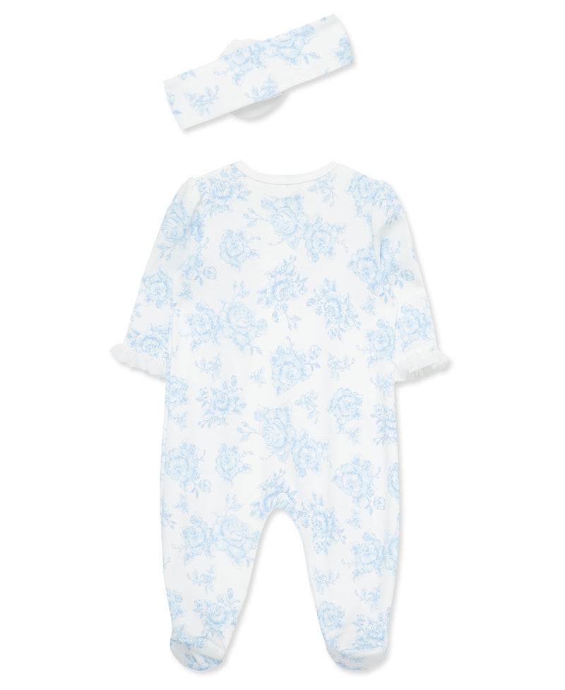 Back of Baby onesie and headband with blue floral pattern on a white background