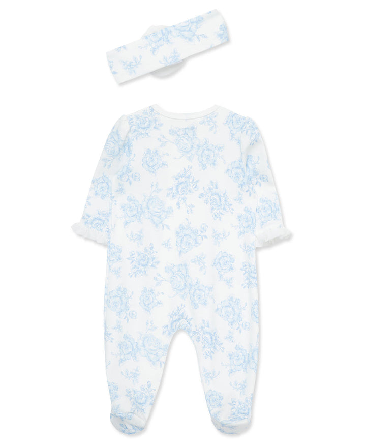 Back of Baby onesie and headband with blue floral pattern on a white background