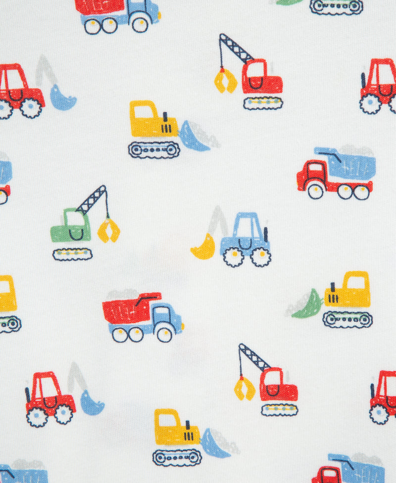Pattern of colorful construction vehicles on a white background