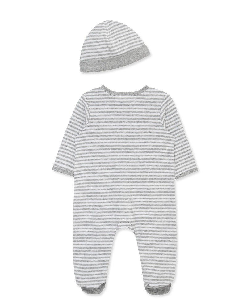 Striped baby romper and hat set on a white background