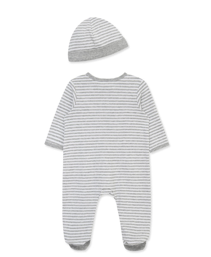 Striped baby romper and hat set on a white background