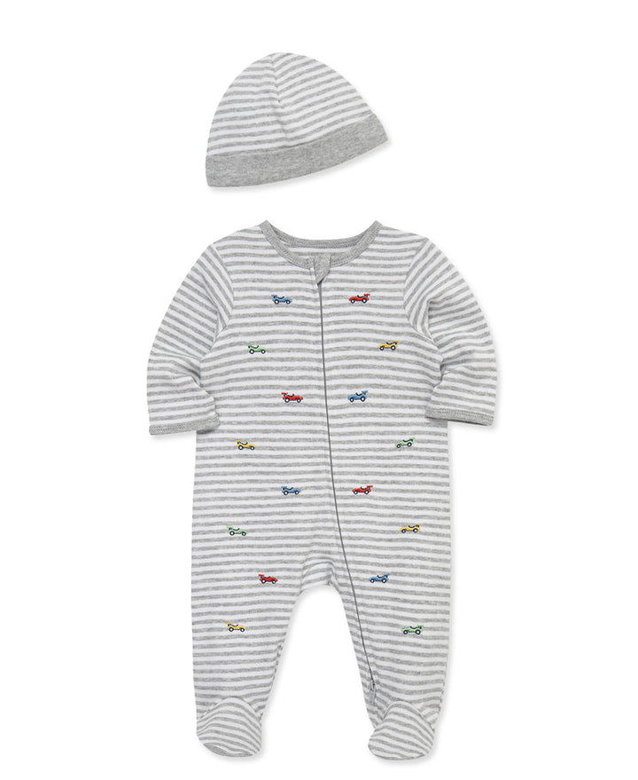 Striped baby romper with colorful car patterns and matching hat on a white background