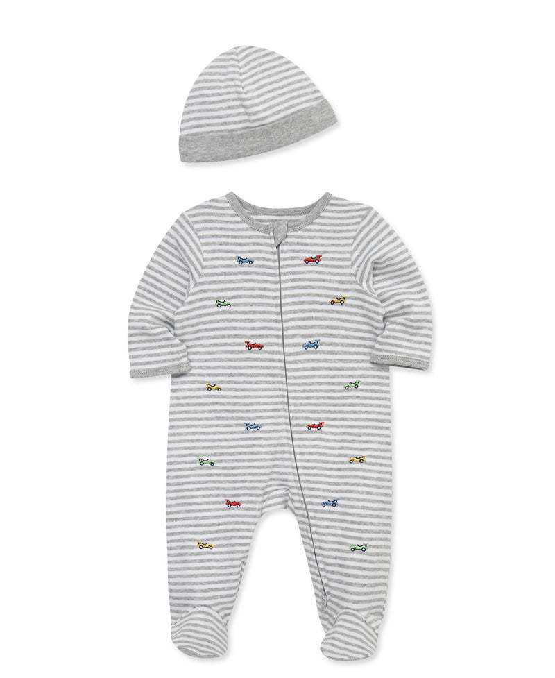 Striped baby romper with colorful car patterns and matching hat on a white background