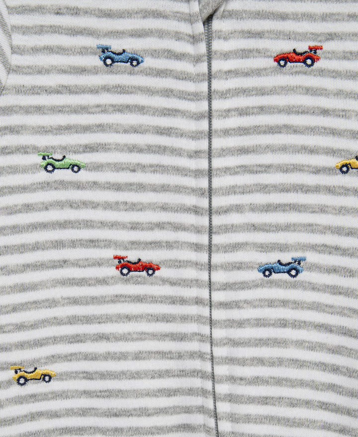 Striped fabric with embroidered toy cars on a gray background