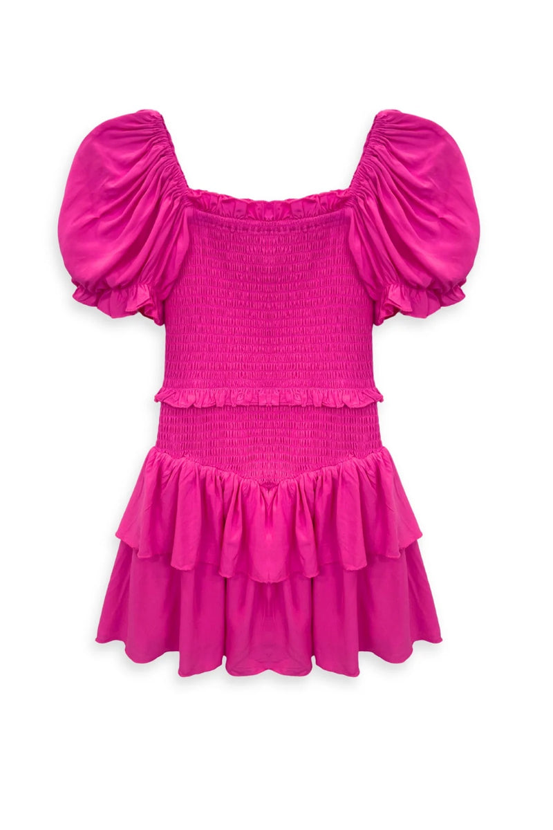 Lainey Shocking Pink Smocked Dress with Puff Sleeves and Ruffle Skirt