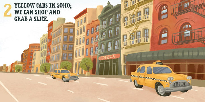 Illustration of a city street with yellow taxis and buildings, featuring text about Soho.