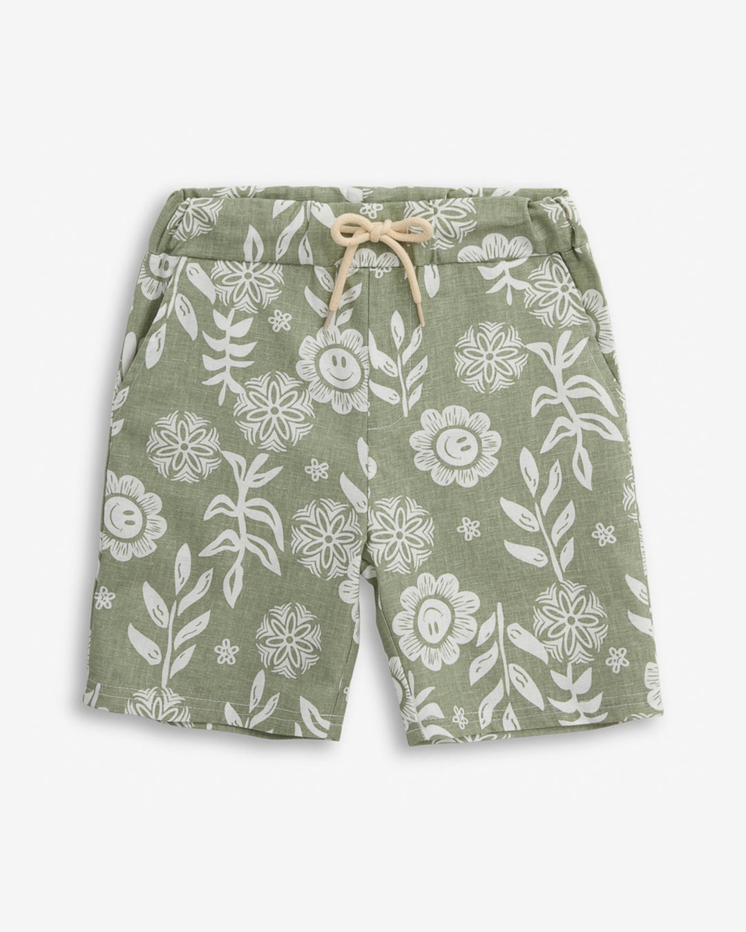 Green shorts with white floral pattern on a white background