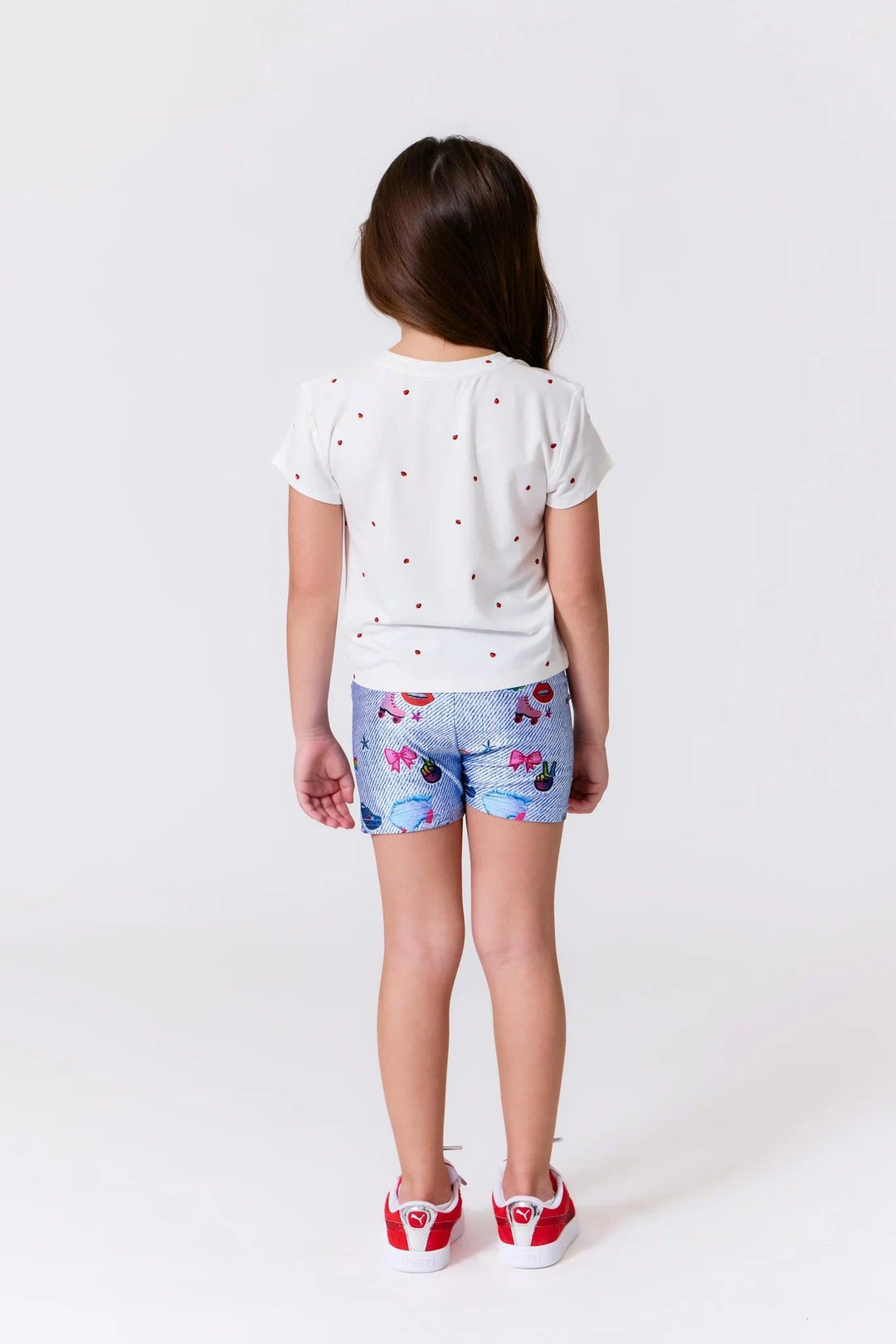 back of tee shirt with ladybugs embroidered on it, front and back is embroidered. 