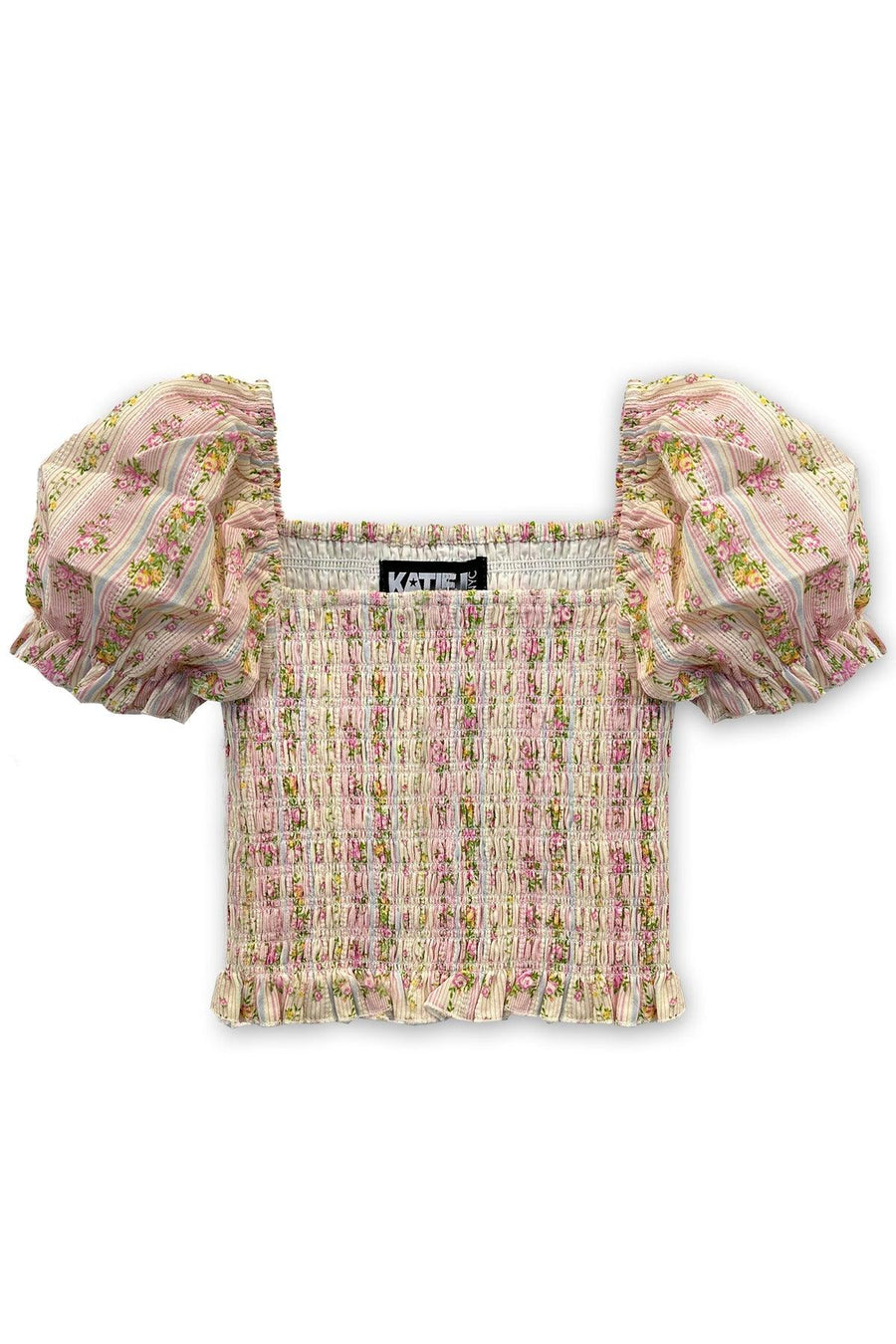smocked top with puff sleeves. pink and beige top with floral stripes running thru it. 