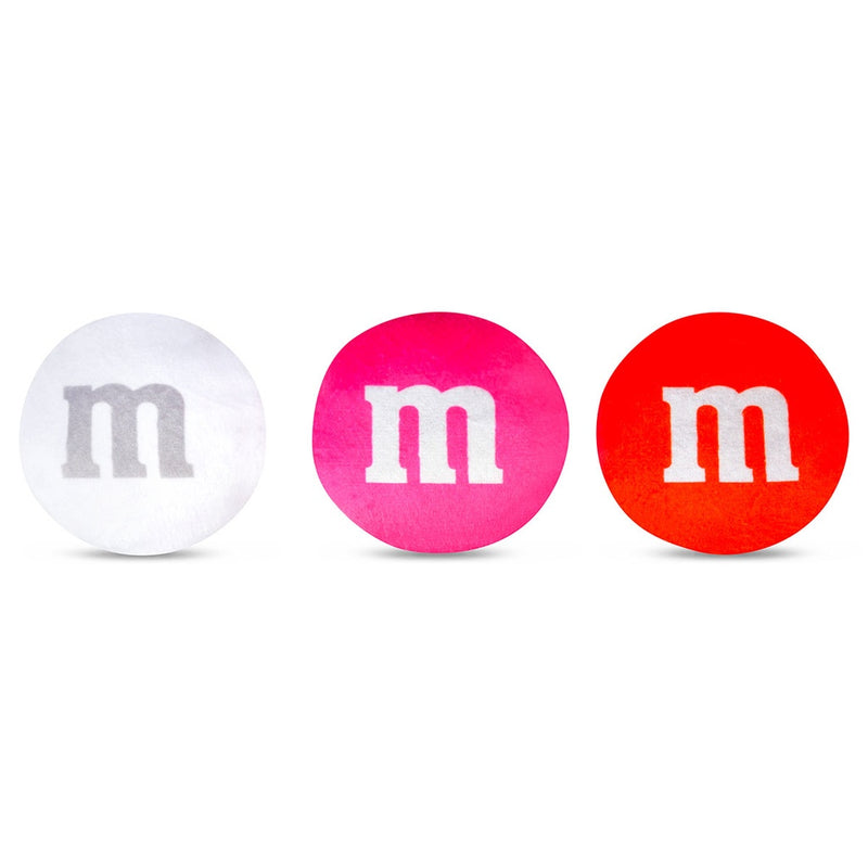 3 plush m and m s, one white, one red and one pink all in the traditional valentines day colors. 